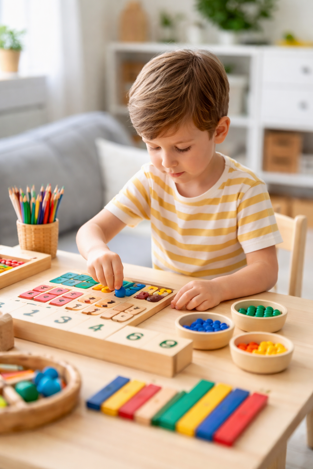 Niño realizando actividad Montessori en casa
